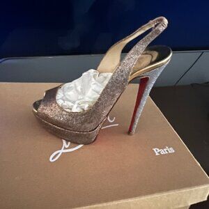 Christian Louboutin lady peep platform heels in rose gold sparkle